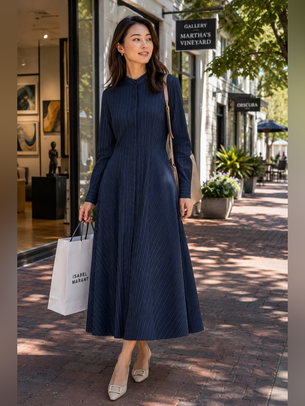 Banana Republic Navy Pinstripe Cotton Maxi Shirt Dress S Long Sleeve Minimalist